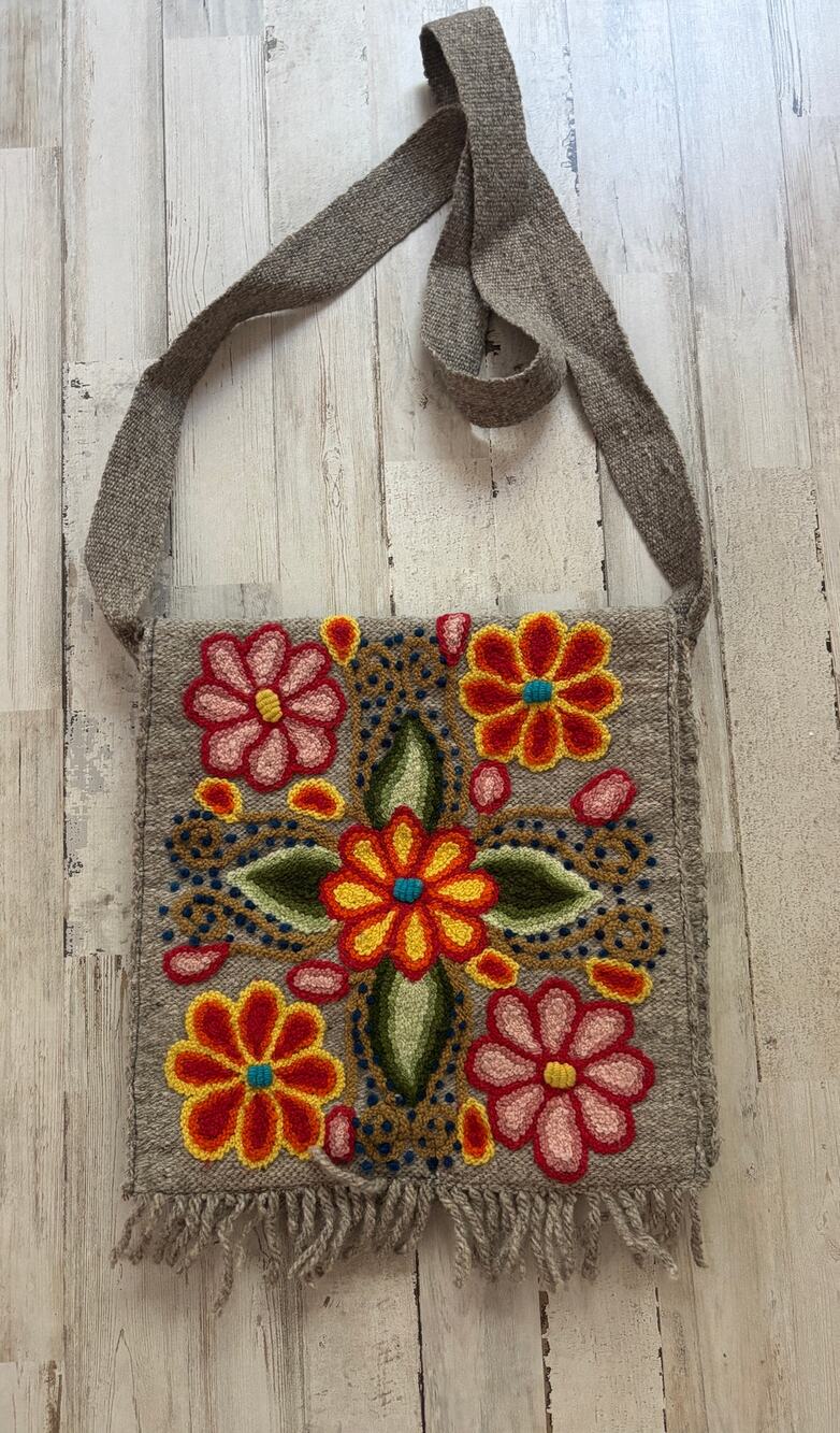 Threads of Hope Floral Embroidered Wool Crossbody Bag EUC